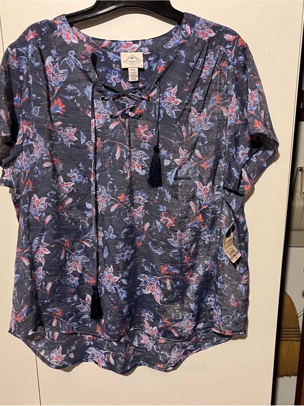 St. John's Bay Navy Floral Lace-Up Tassel Blouse